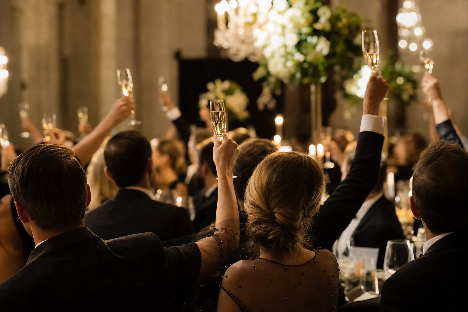 Agencja eventowa - elegancka gala wieczorowa z gośćmi wznoszącymi toast
