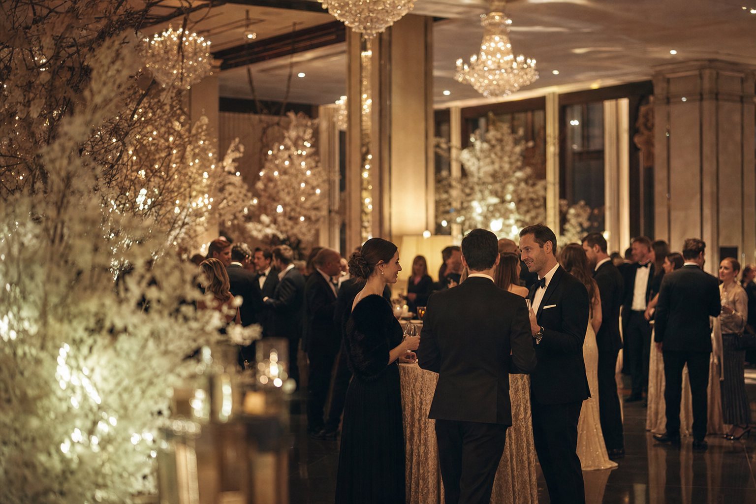 Agencja eventowa Białystok — elegancka zimowa gala firmowa w ciepło oświetlonej sali