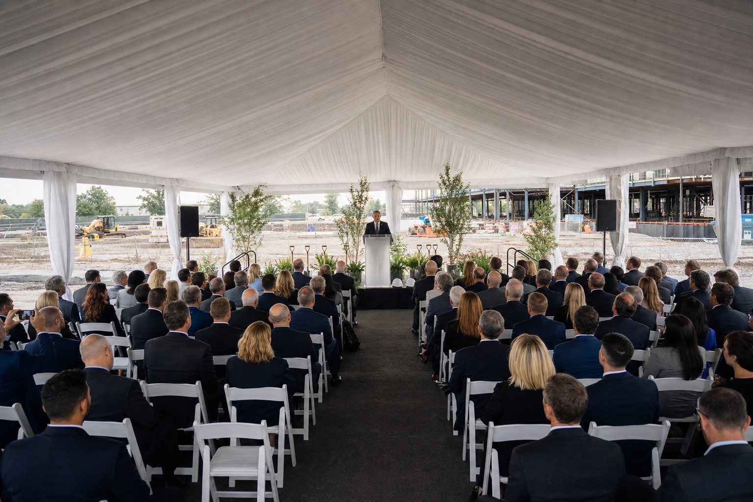 Wmurowanie kamienia węgielnego - elegancki namiot ceremonialny na placu budowy z rzędami krzeseł