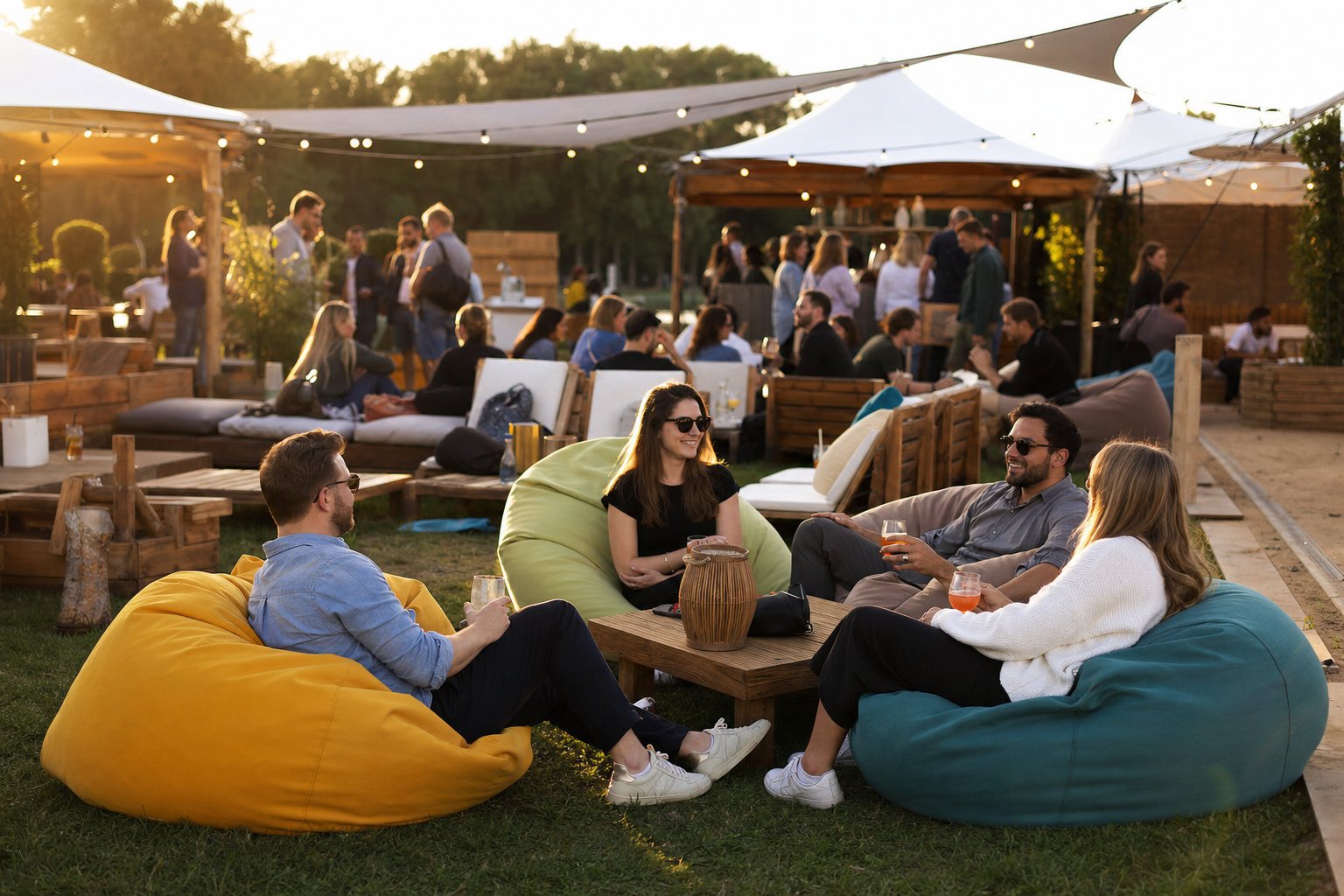 Pikniki firmowe - strefa chillout z kolorowymi pufami i loungem na pikniku firmowym o zachodzie