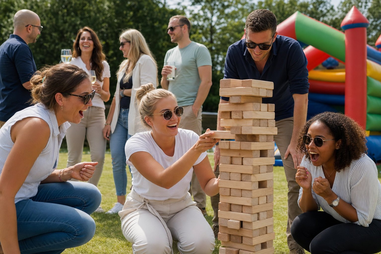 Agencja eventowa - koledzy grają w gigantyczną Jengę na pikniku firmowym, dmuchany zamek w tle