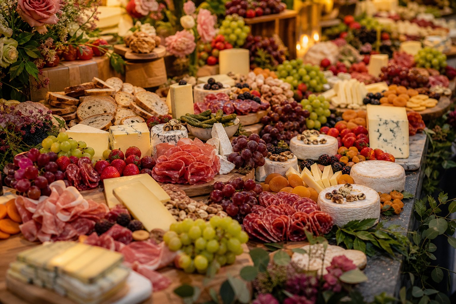 Agencja eventowa Marki - obfity grazing table z serami, wędlinami i owocami w eventowym świetle