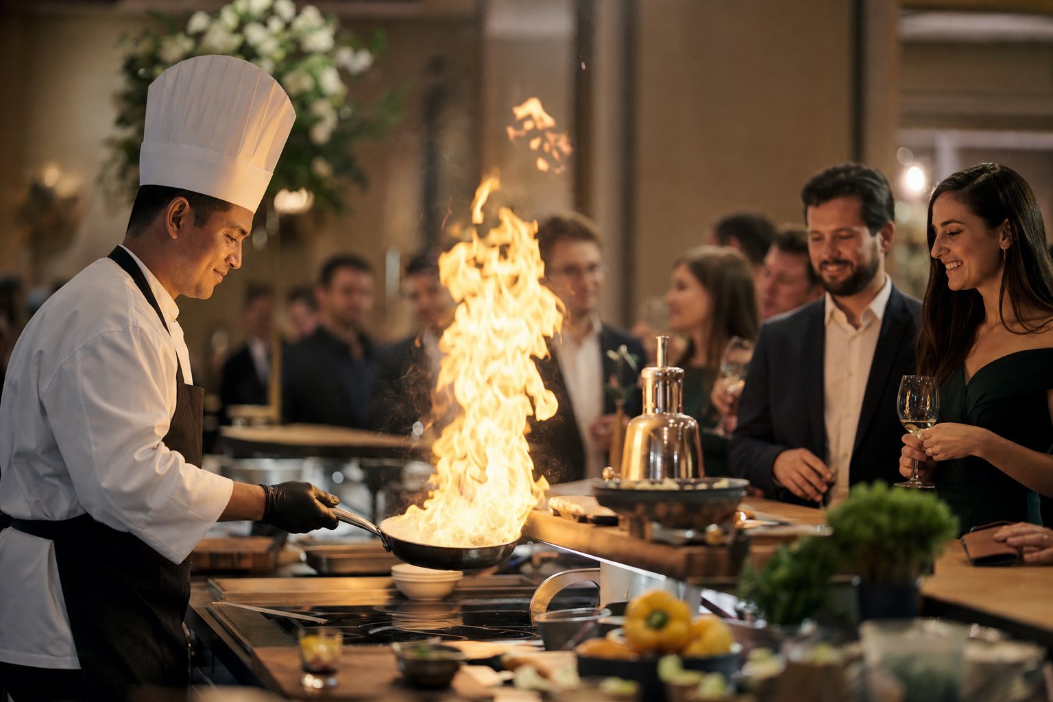 Agencja eventowa Biłgoraj - stacja show-cooking z szefem kuchni flambirującym na oczach gości