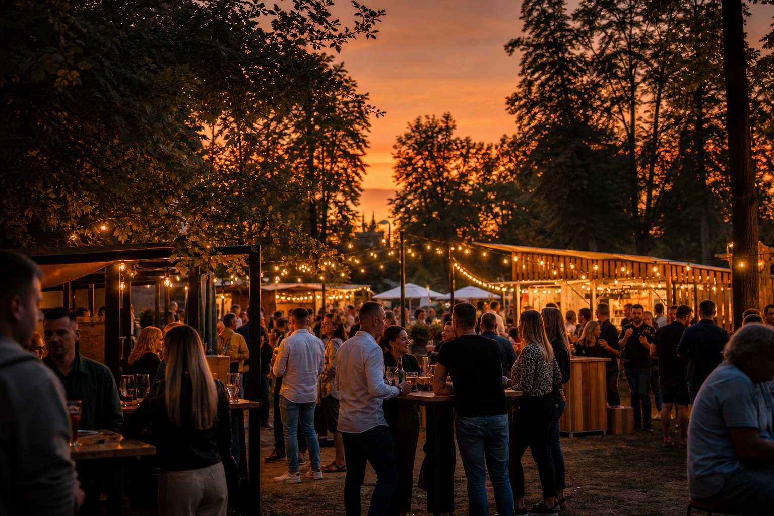 Pikniki firmowe - plenerowa strefa lifestyle i gastro festiwalu o zmierzchu z lampkami