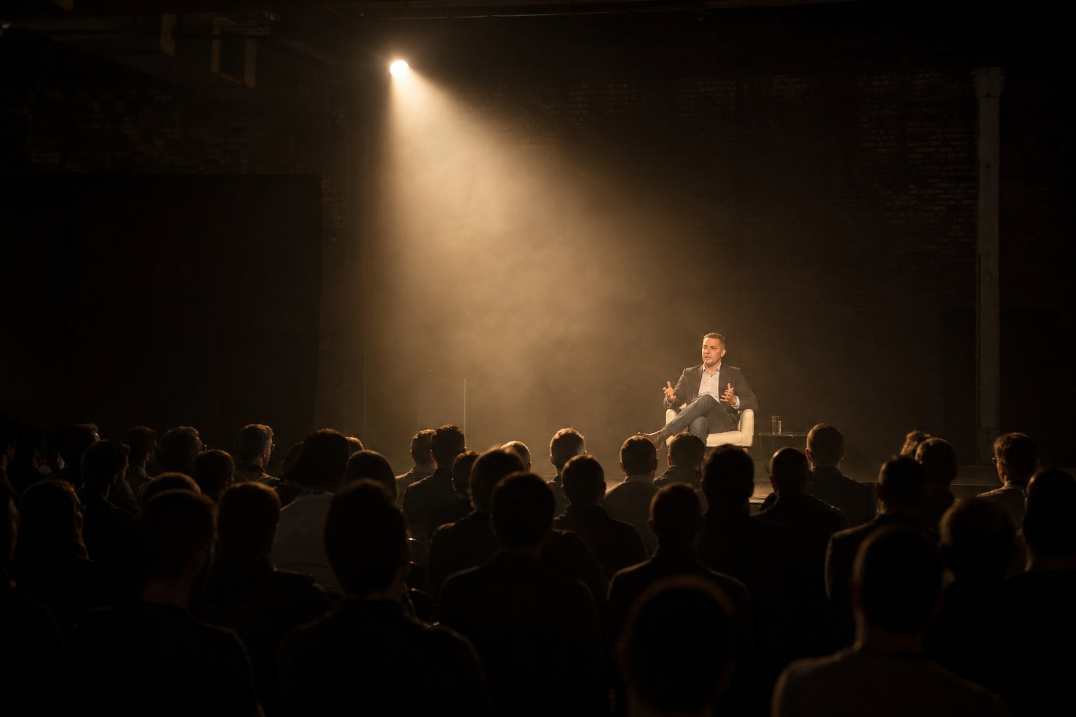 Agencja eventowa Lesko - kameralny keynote w świetle reflektora i mgle, publiczność w sylwetkach