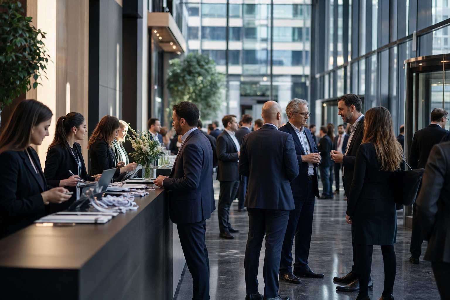Agencja eventowa Gostyń - strefa rejestracji i networkingu summitu biznesowego w nowoczesnym foyer