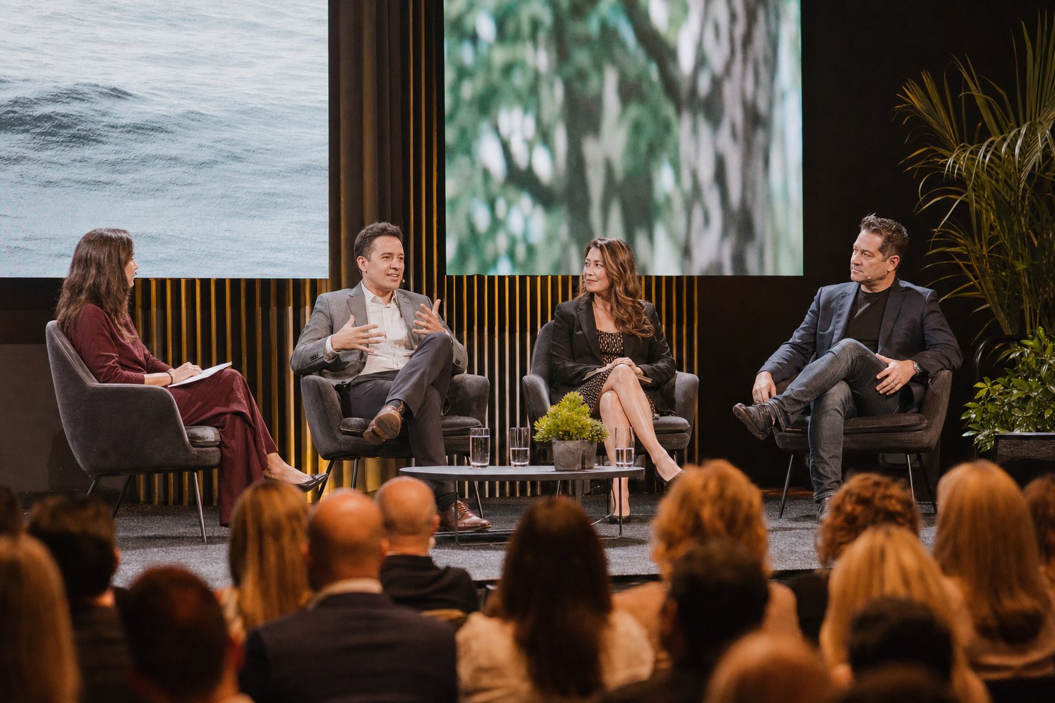 Organizacja eventów Rzeszów - dyskusja panelowa na scenie z prelegentami w fotelach i publicznością