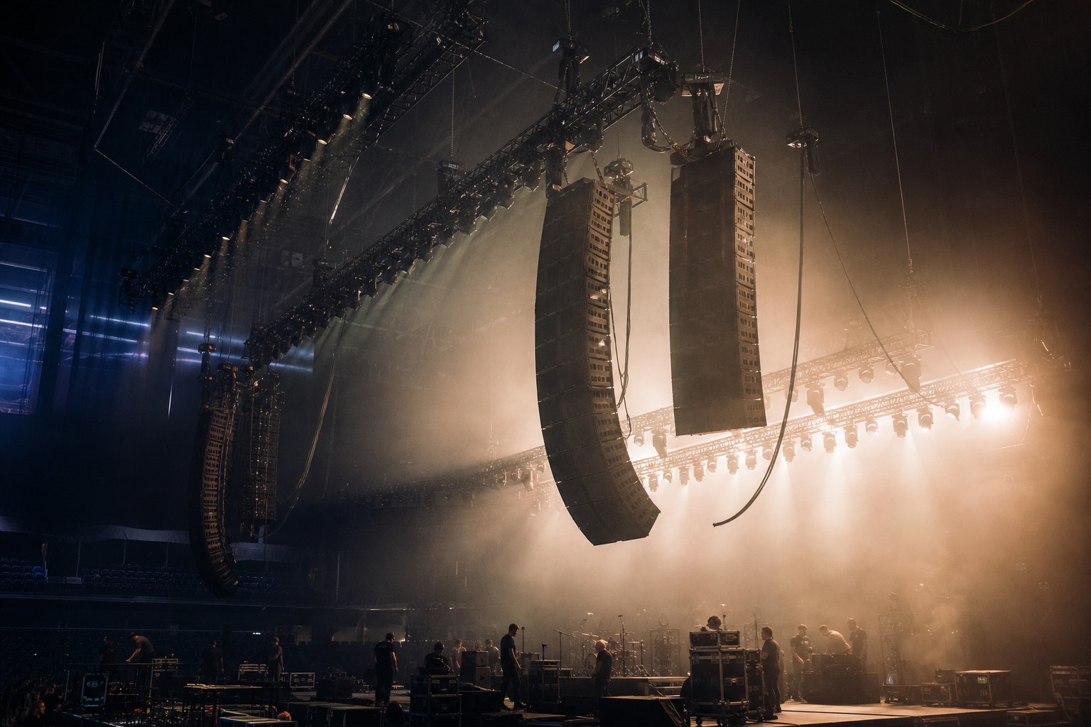 Technika sceniczna Bytom - latające systemy line-array i truss nad sceną podczas próby dźwięku